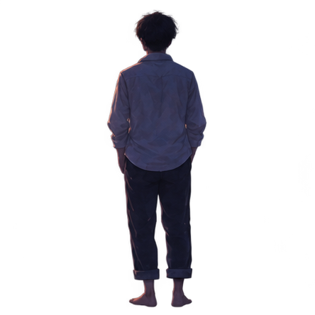 A figure in a loose shirt looking out to sea